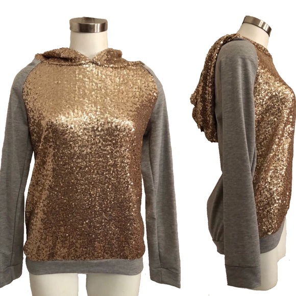 12PM by Mon Ami Gold Sequins Gray Hoodie Pullover - Picture 2 of 8